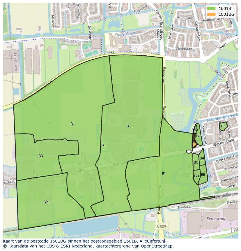 Afbeelding van het postcodegebied 1601 BG op de kaart.