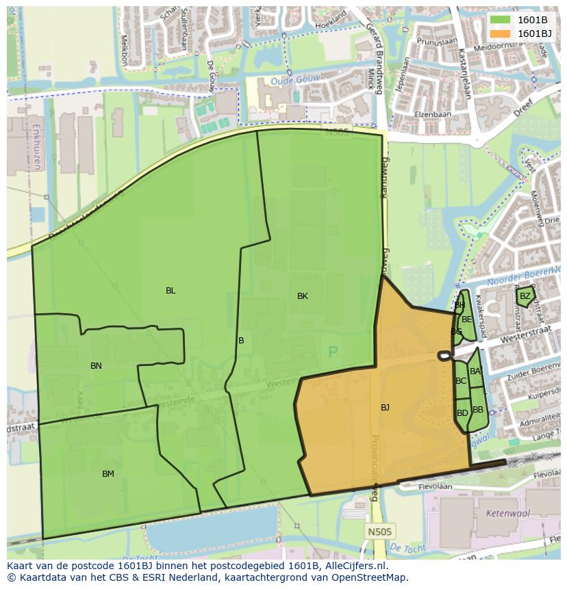 Afbeelding van het postcodegebied 1601 BJ op de kaart.