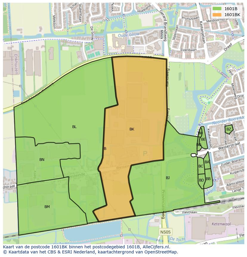 Afbeelding van het postcodegebied 1601 BK op de kaart.