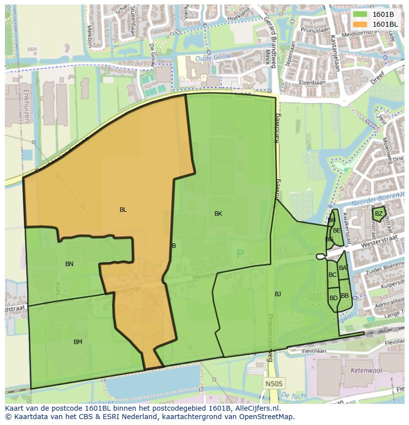 Afbeelding van het postcodegebied 1601 BL op de kaart.