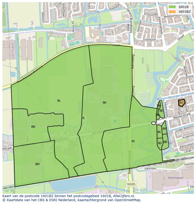 Afbeelding van het postcodegebied 1601 BZ op de kaart.