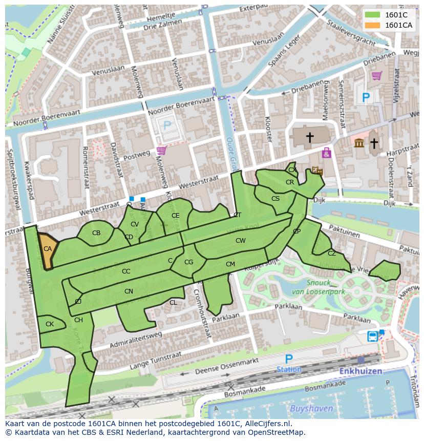 Afbeelding van het postcodegebied 1601 CA op de kaart.