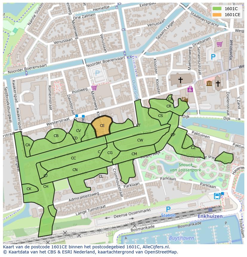 Afbeelding van het postcodegebied 1601 CE op de kaart.
