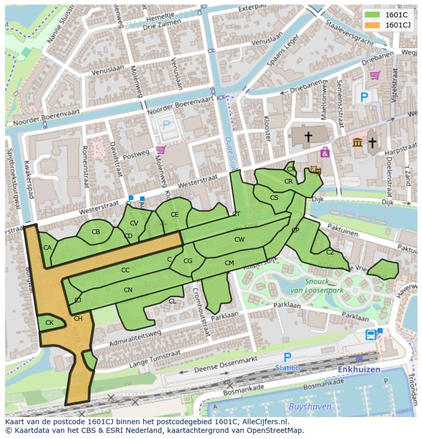 Afbeelding van het postcodegebied 1601 CJ op de kaart.