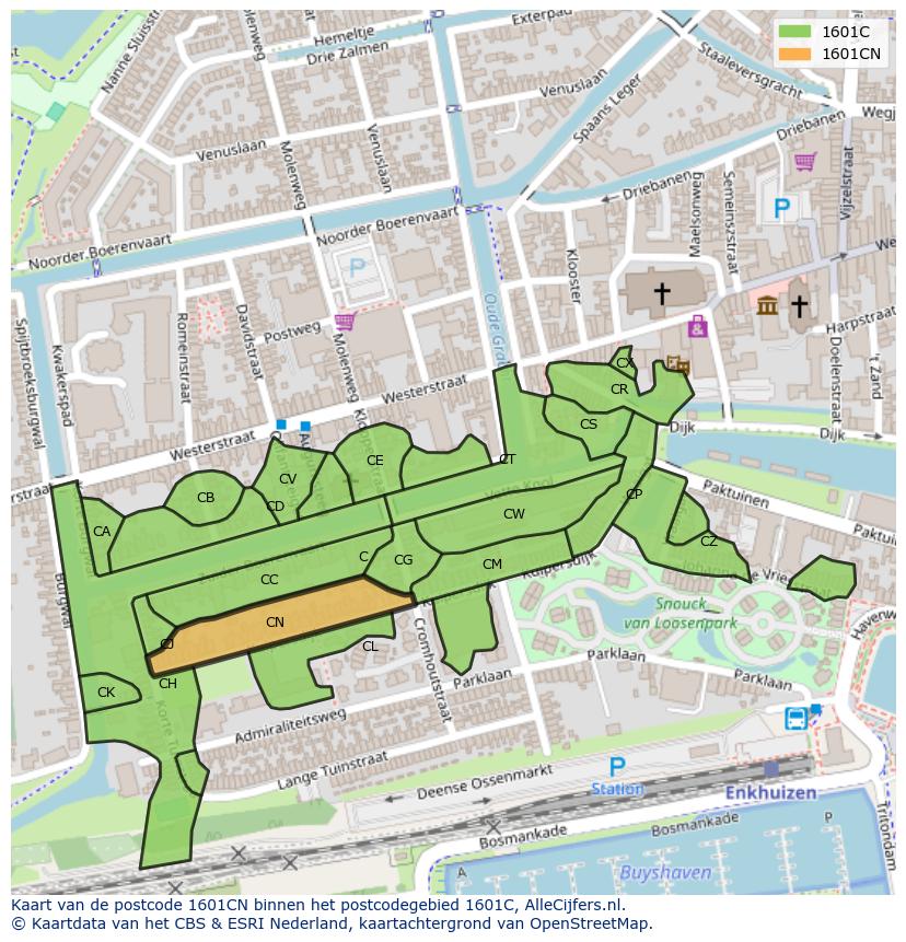 Afbeelding van het postcodegebied 1601 CN op de kaart.