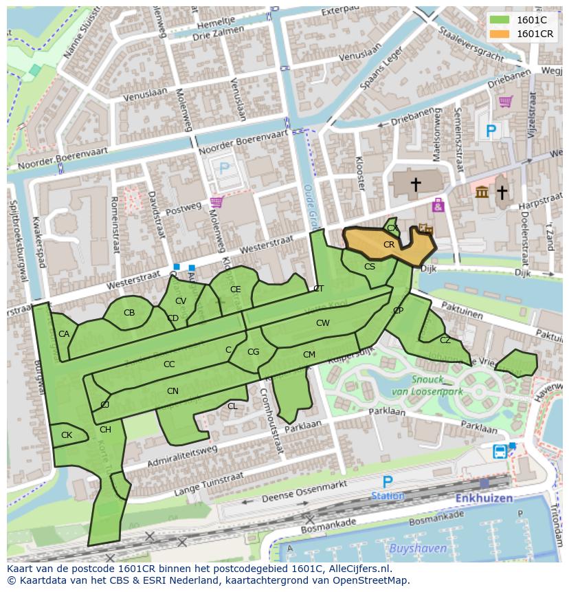 Afbeelding van het postcodegebied 1601 CR op de kaart.