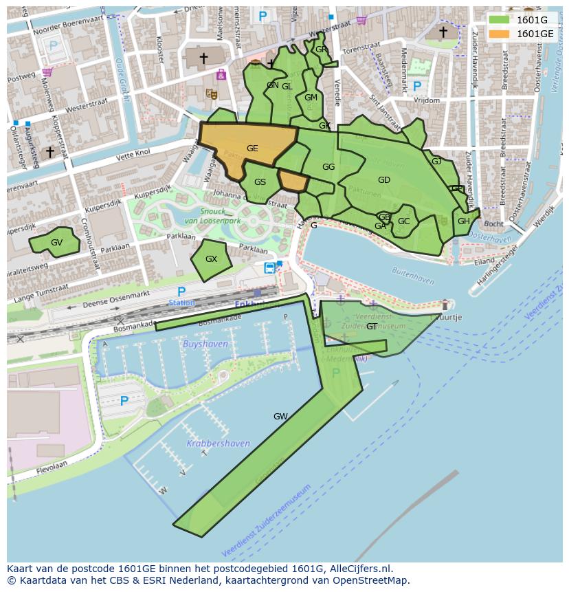 Afbeelding van het postcodegebied 1601 GE op de kaart.