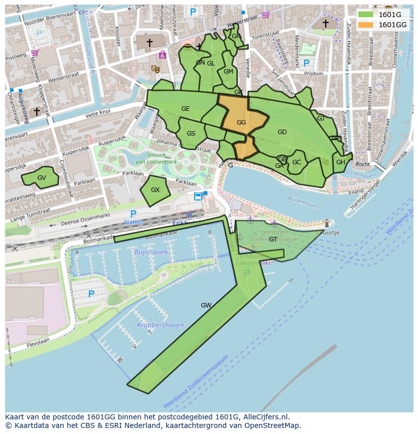 Afbeelding van het postcodegebied 1601 GG op de kaart.