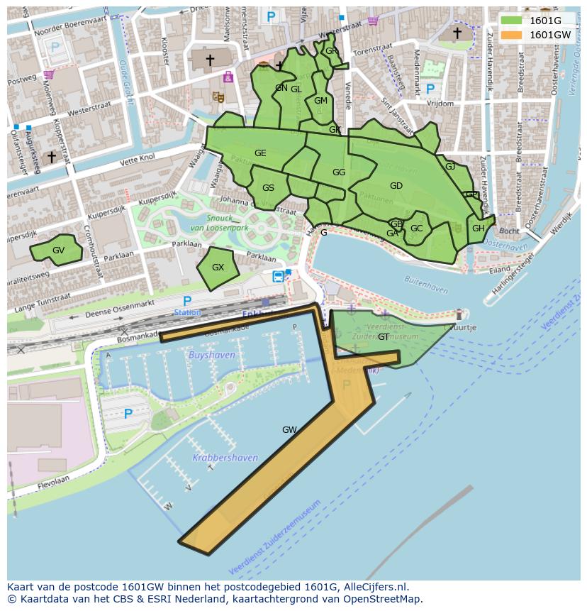 Afbeelding van het postcodegebied 1601 GW op de kaart.