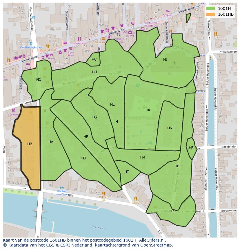 Afbeelding van het postcodegebied 1601 HB op de kaart.