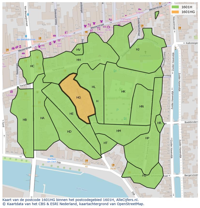 Afbeelding van het postcodegebied 1601 HG op de kaart.