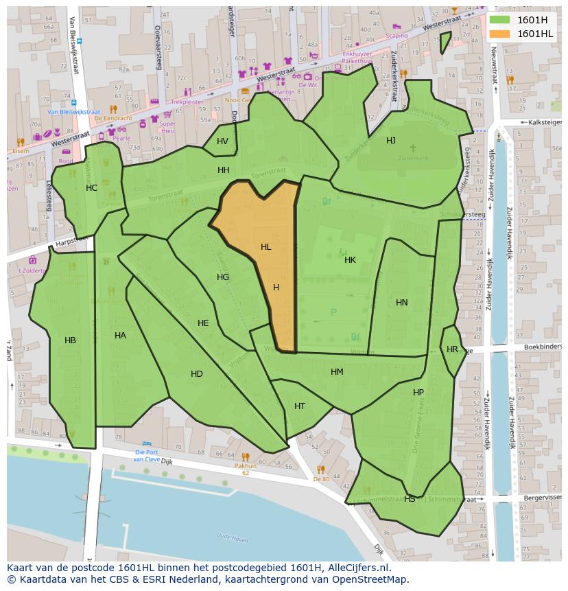 Afbeelding van het postcodegebied 1601 HL op de kaart.