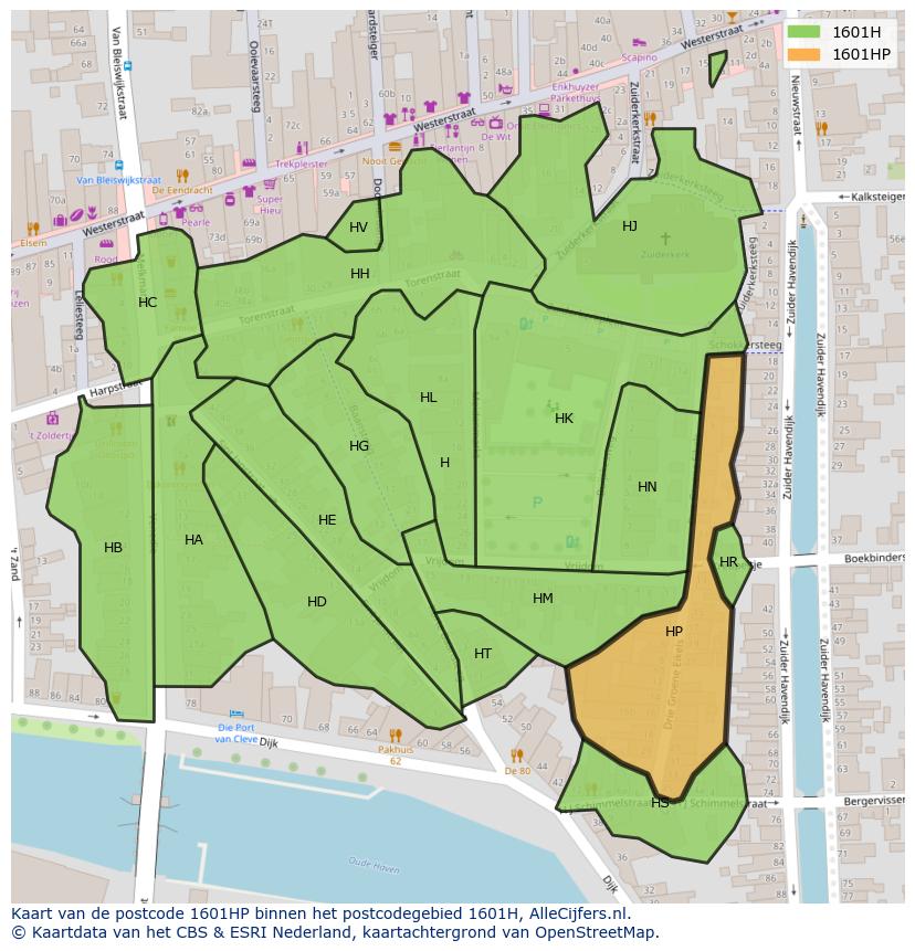 Afbeelding van het postcodegebied 1601 HP op de kaart.