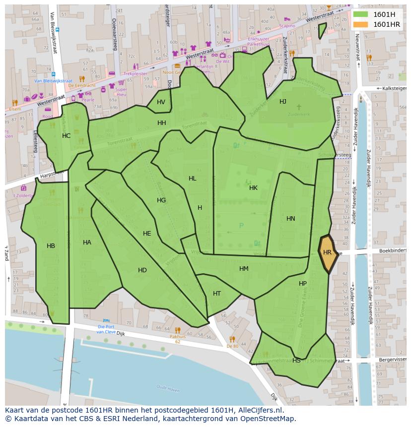 Afbeelding van het postcodegebied 1601 HR op de kaart.