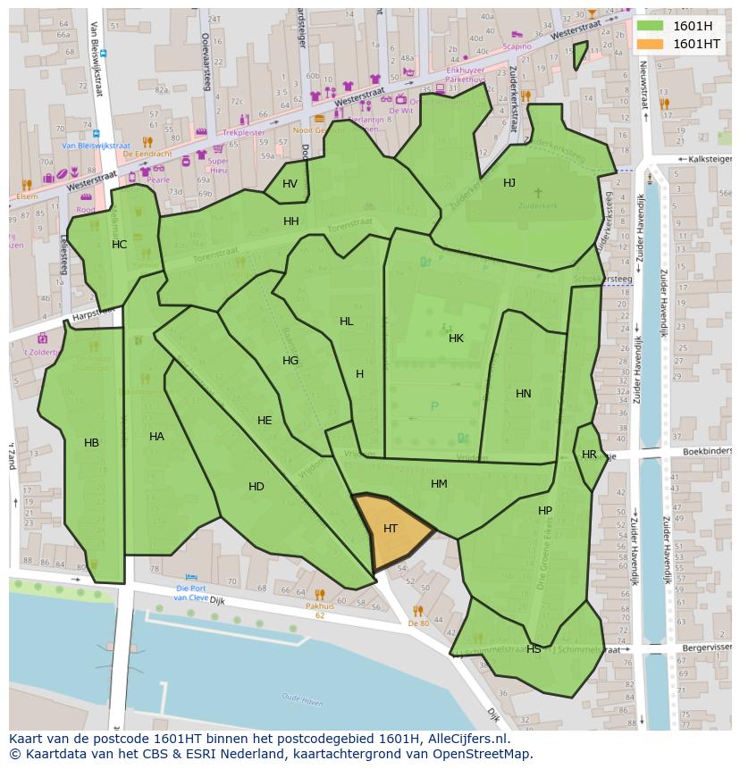 Afbeelding van het postcodegebied 1601 HT op de kaart.
