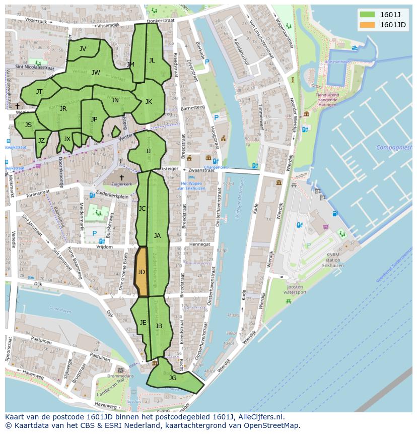 Afbeelding van het postcodegebied 1601 JD op de kaart.
