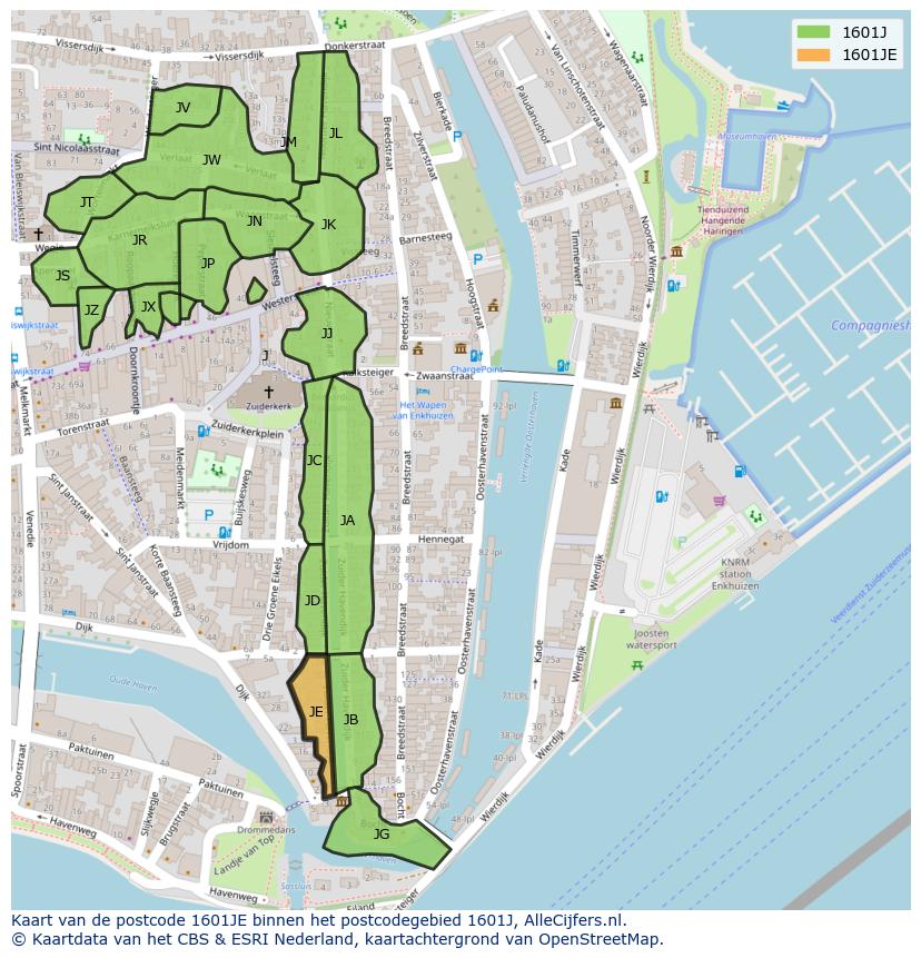 Afbeelding van het postcodegebied 1601 JE op de kaart.
