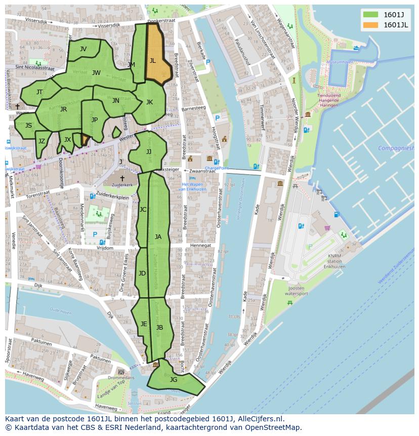 Afbeelding van het postcodegebied 1601 JL op de kaart.