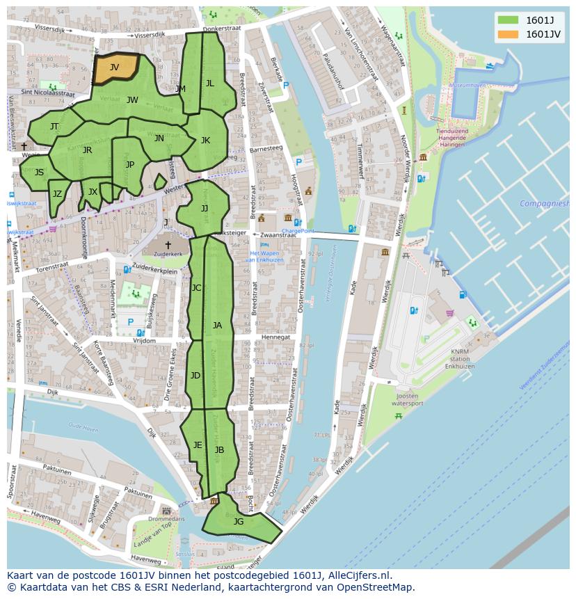Afbeelding van het postcodegebied 1601 JV op de kaart.