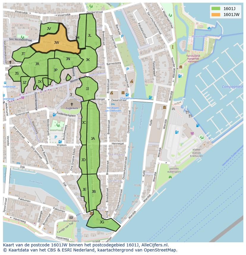 Afbeelding van het postcodegebied 1601 JW op de kaart.