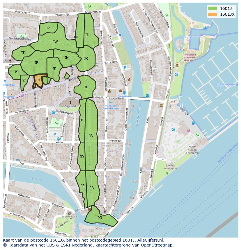 Afbeelding van het postcodegebied 1601 JX op de kaart.