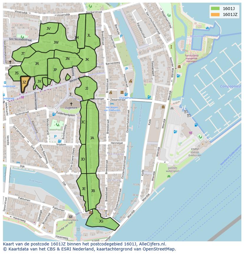 Afbeelding van het postcodegebied 1601 JZ op de kaart.