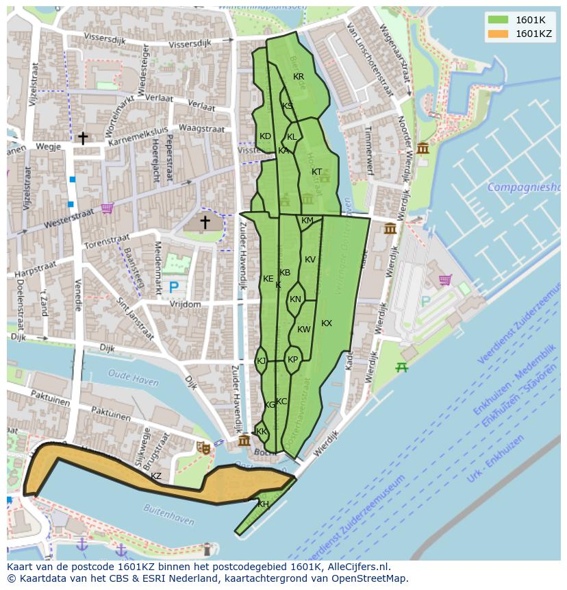 Afbeelding van het postcodegebied 1601 KZ op de kaart.