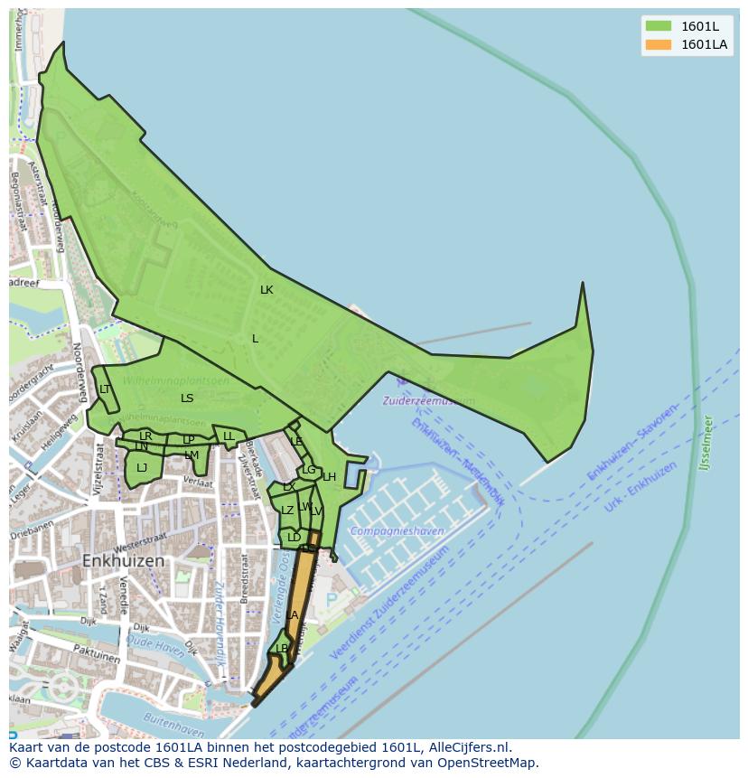 Afbeelding van het postcodegebied 1601 LA op de kaart.