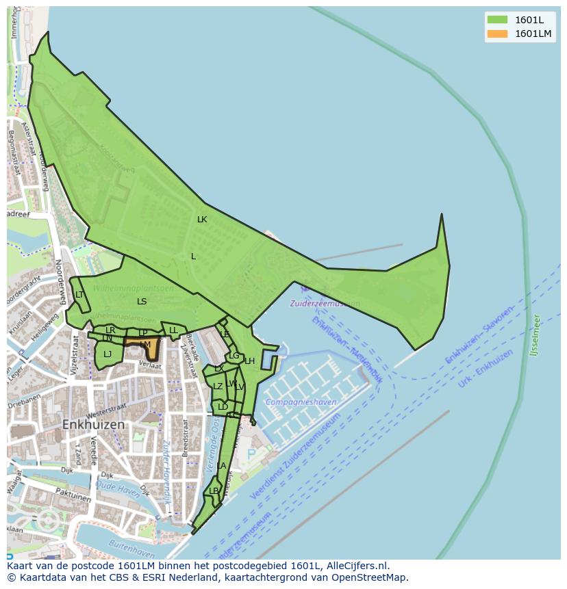 Afbeelding van het postcodegebied 1601 LM op de kaart.