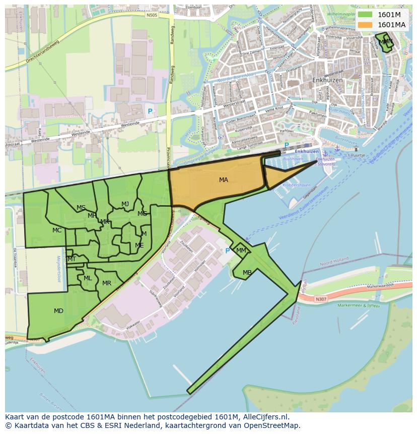 Afbeelding van het postcodegebied 1601 MA op de kaart.