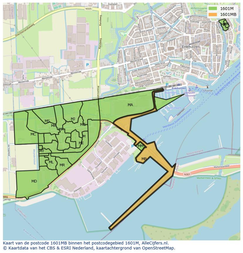 Afbeelding van het postcodegebied 1601 MB op de kaart.