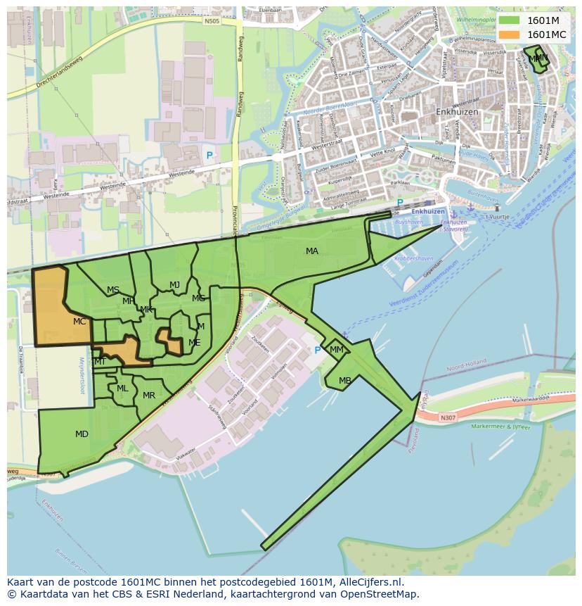 Afbeelding van het postcodegebied 1601 MC op de kaart.