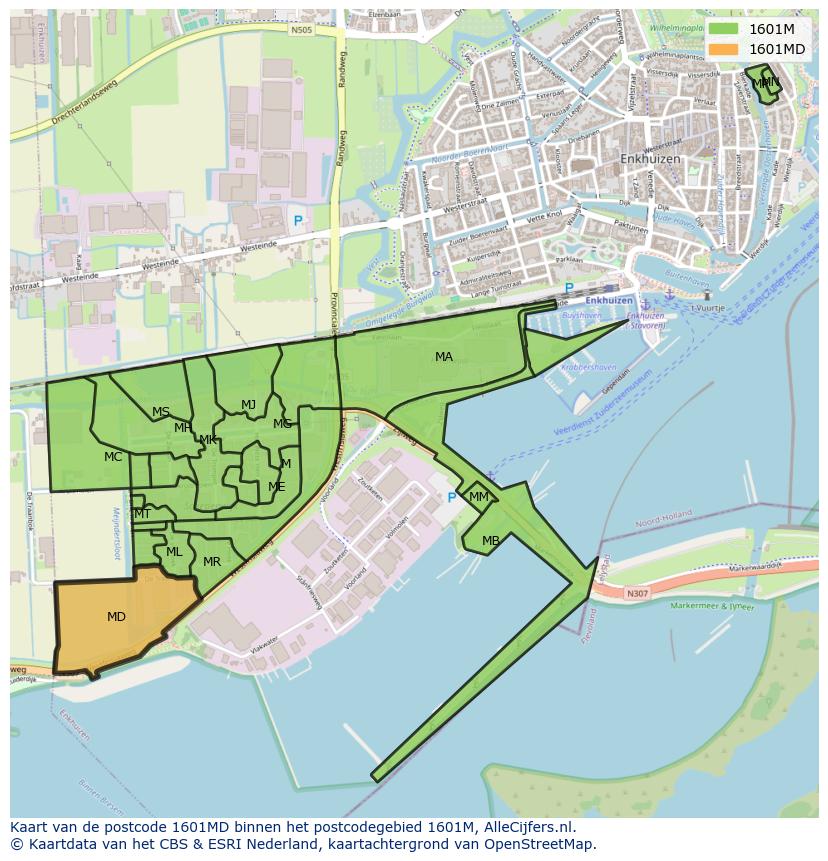 Afbeelding van het postcodegebied 1601 MD op de kaart.