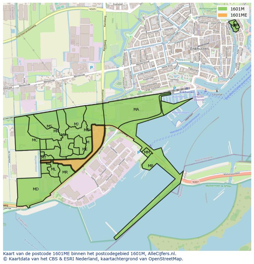 Afbeelding van het postcodegebied 1601 ME op de kaart.