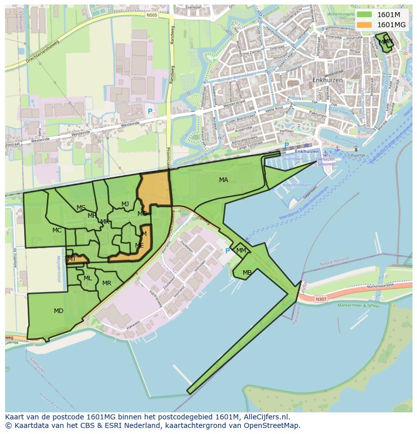 Afbeelding van het postcodegebied 1601 MG op de kaart.