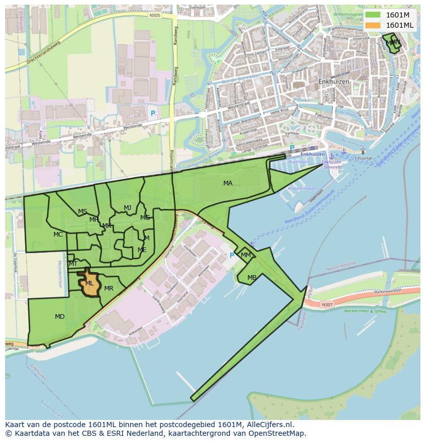 Afbeelding van het postcodegebied 1601 ML op de kaart.