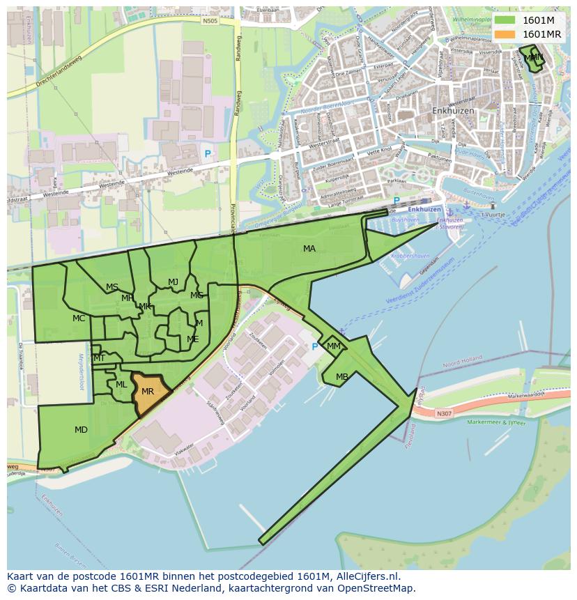 Afbeelding van het postcodegebied 1601 MR op de kaart.