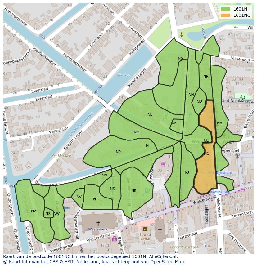 Afbeelding van het postcodegebied 1601 NC op de kaart.