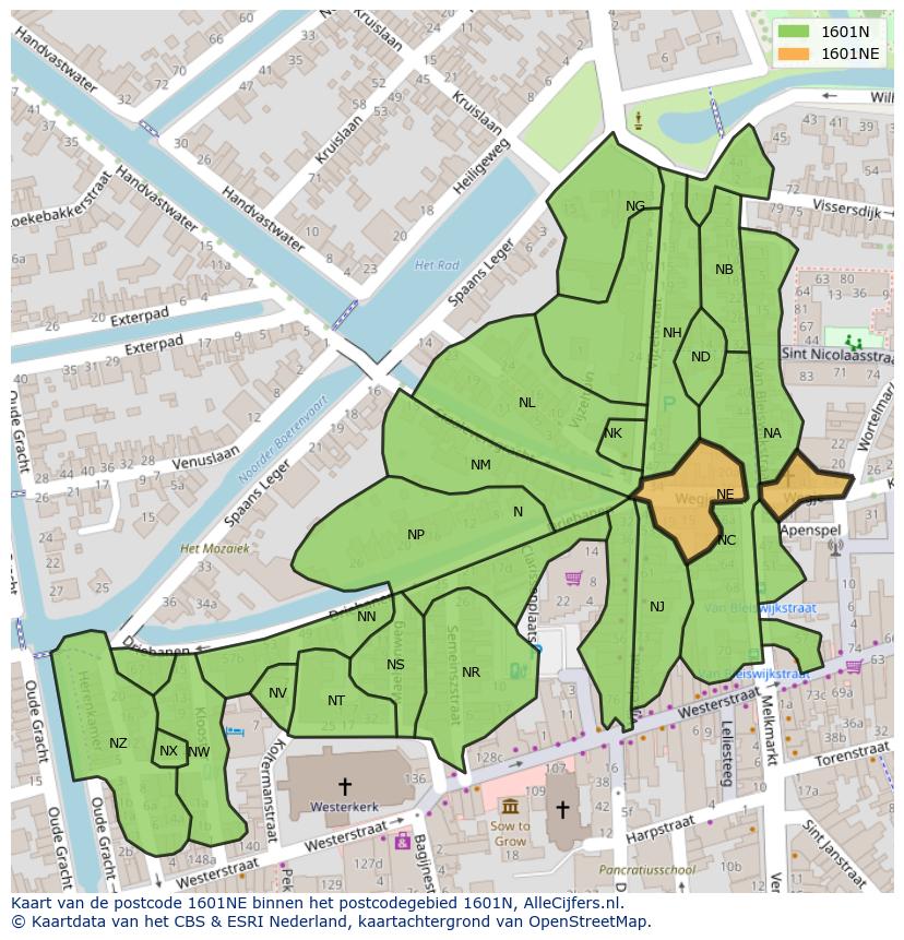Afbeelding van het postcodegebied 1601 NE op de kaart.
