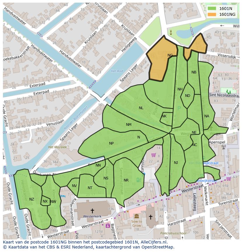 Afbeelding van het postcodegebied 1601 NG op de kaart.