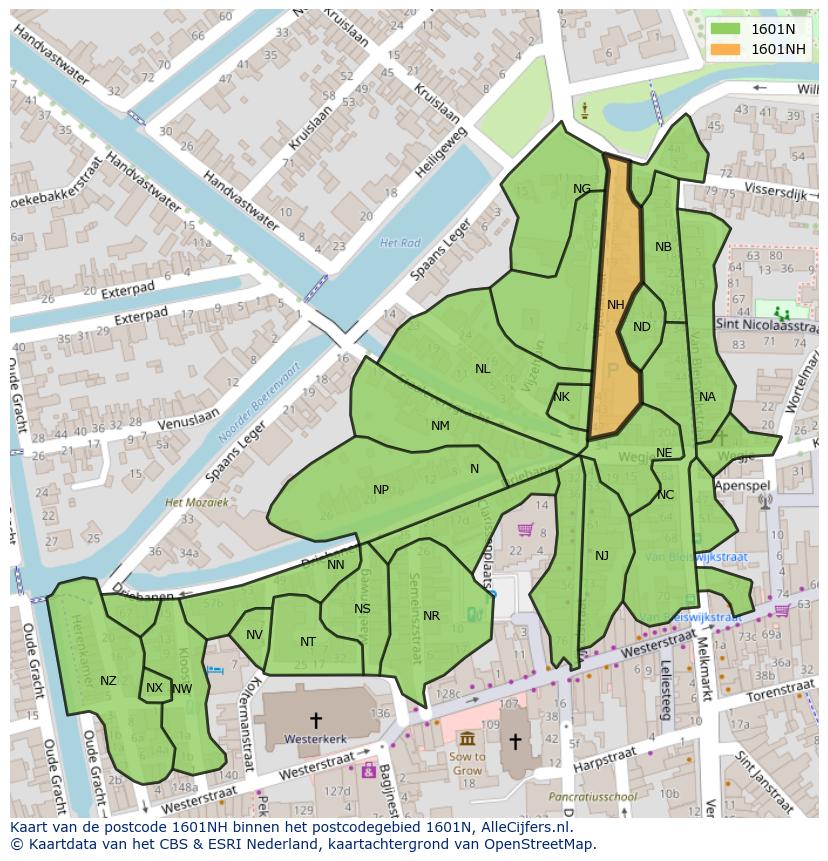 Afbeelding van het postcodegebied 1601 NH op de kaart.