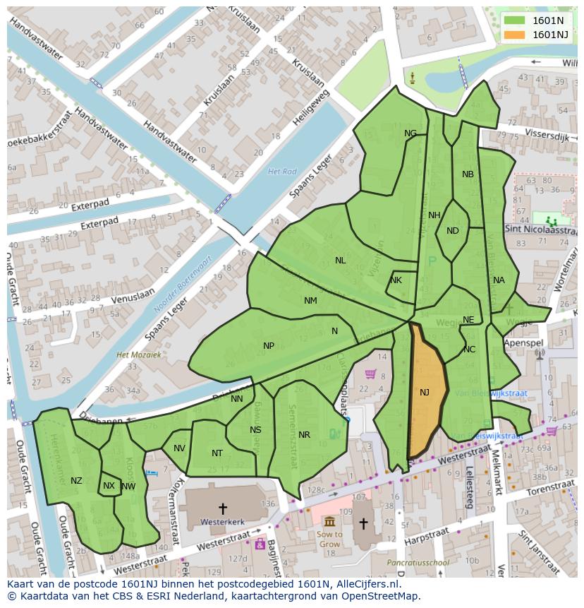 Afbeelding van het postcodegebied 1601 NJ op de kaart.