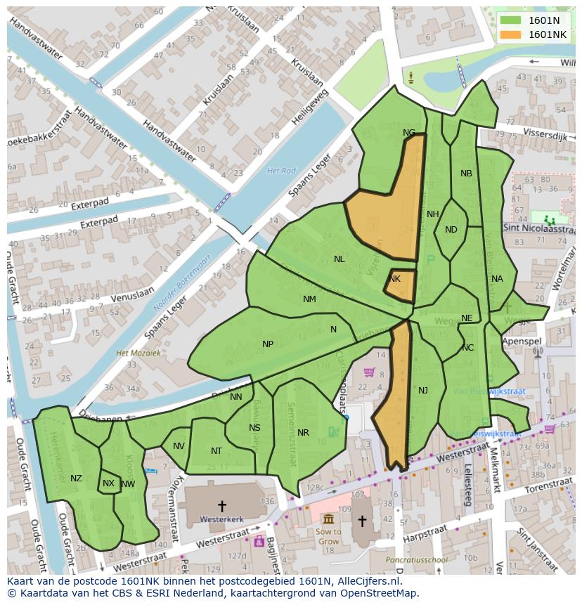 Afbeelding van het postcodegebied 1601 NK op de kaart.