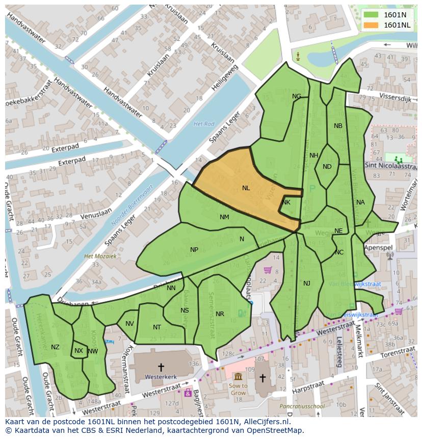 Afbeelding van het postcodegebied 1601 NL op de kaart.