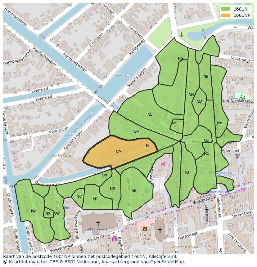Afbeelding van het postcodegebied 1601 NP op de kaart.