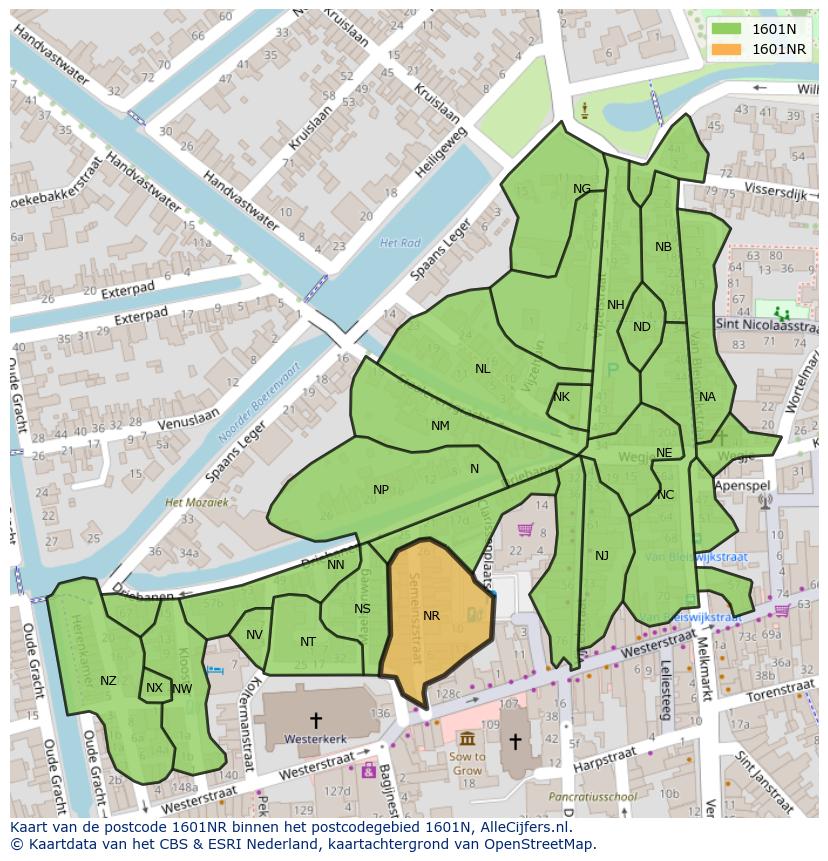Afbeelding van het postcodegebied 1601 NR op de kaart.