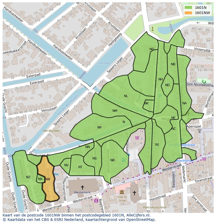 Afbeelding van het postcodegebied 1601 NW op de kaart.