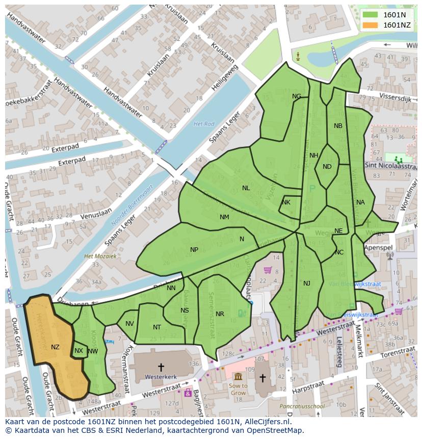 Afbeelding van het postcodegebied 1601 NZ op de kaart.
