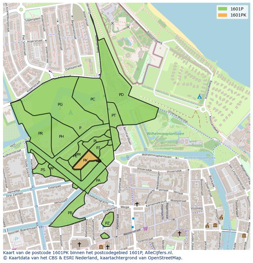Afbeelding van het postcodegebied 1601 PK op de kaart.