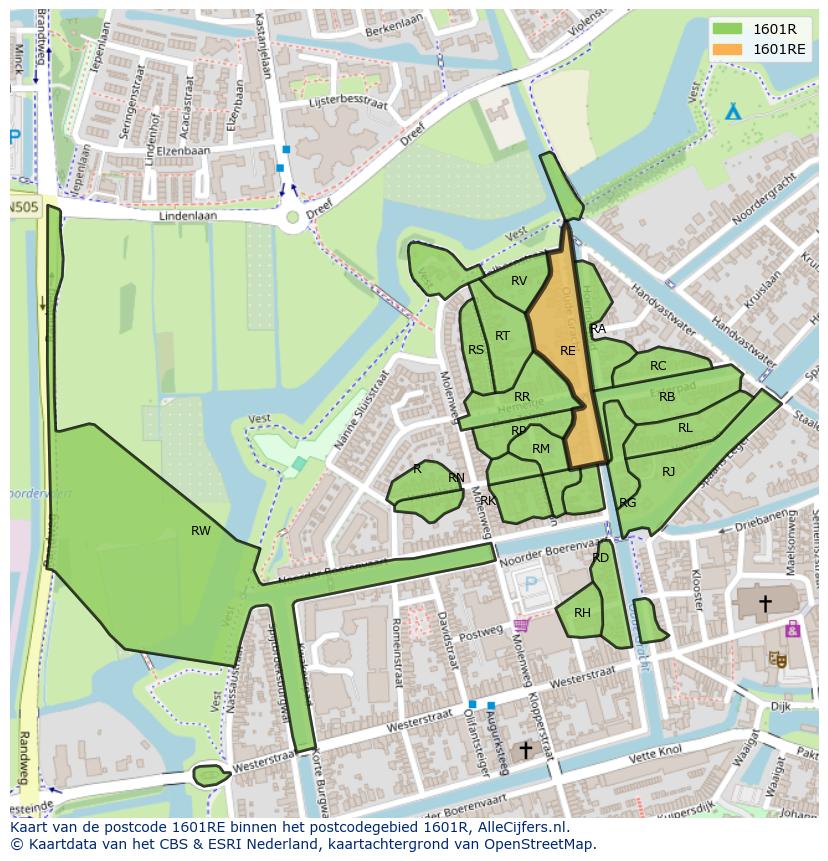 Afbeelding van het postcodegebied 1601 RE op de kaart.